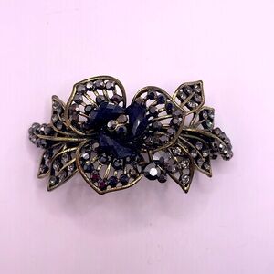 Vintage Gold Tone Black Floral Flower Rhinestone Ponytail Hair Barrette